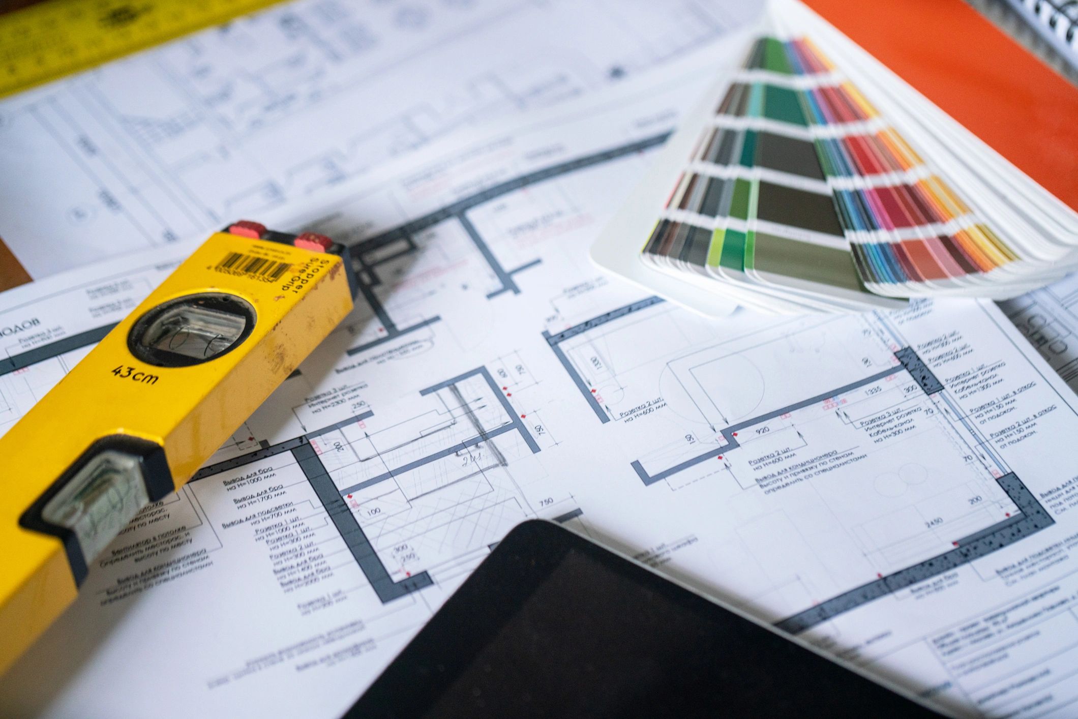 Architectural plans and measuring tools